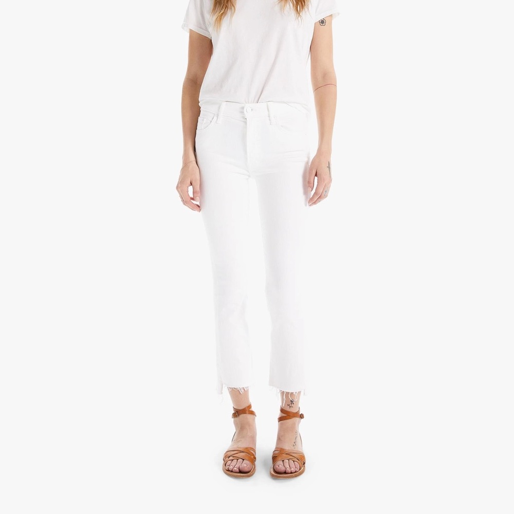 MOTHER Denim crop kick flares in white🤍